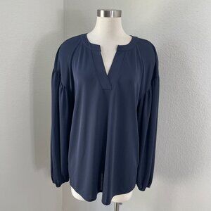 Ann Taylor Womens Large Navy Blue Balloon Sleeve Blouse Split Neck Shirt Top